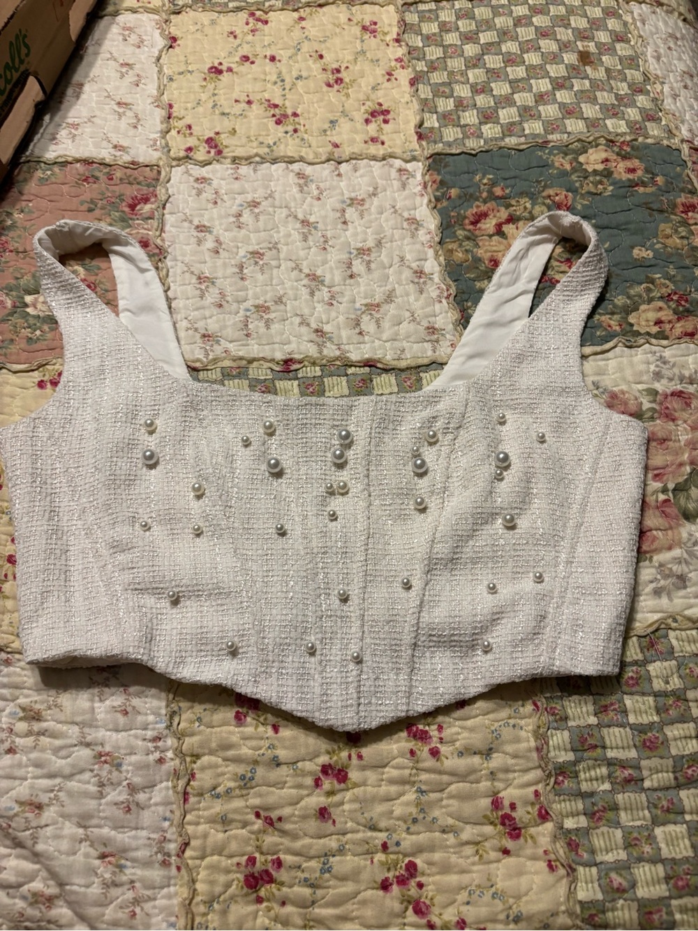 Altar'd State White Pearl-Embellished Tweed Crop Top